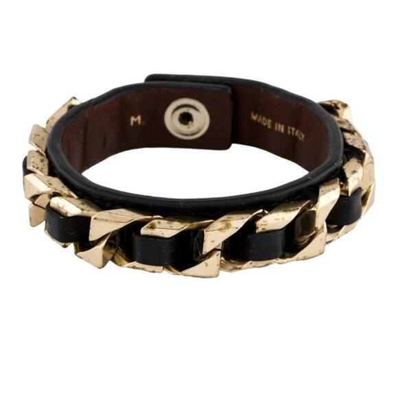 Givenchy Gold Tone Chain Link Black Leather Wrap Snap Bracelet Sz‎ M Italy - Picture 1 of 8